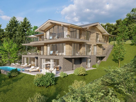 Luxuriöse Neubau-Villa mit Panoramablick auf See und Berge